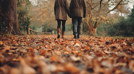 A couple walks hand-in-hand along a path covered in fallen autumn leaves in a park, enjoying a peaceful day together.