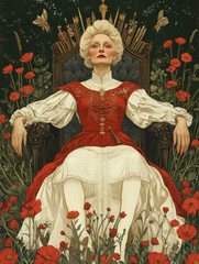 Illustration in the style of symbolism and retro graphics: a majestic woman with a proud expression sits on a throne among bright red poppies.  