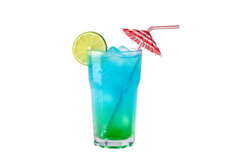 Vibrant blue cocktail garnished with a lime wedge and umbrella.