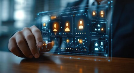 Person interacting with a transparent futuristic digital interface displaying user profiles and analytics charts emitting a blue glow in a dimly lit environment