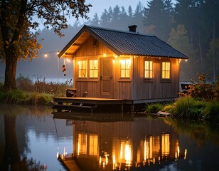 Obraz premium A cozy wooden cabin sits on a tranquil pond at dusk, illuminated by warm interior lights.