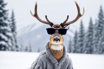 A deer dressed in human clothes poses humorously with sunglasses in a wintery snowy landscape.