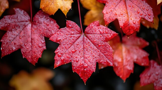 Vibrant Red Maple Leaf Adorned with Sparkling Water Droplets in Autumn Rain