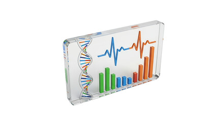 Transparent 3D Render Featuring Colorful DNA Double Helix Bar Graphs and Electrocardiogram Waveform on White Backdrop