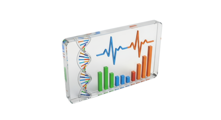 Transparent 3D Render Featuring Colorful DNA Double Helix Bar Graphs and Electrocardiogram Waveform on White Backdrop