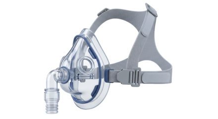 Transparent Blue Tinted Medical Mask with Gray Fabric Headgear on Transparent Background for Respiratory Support and Clinical Treatment Detailed Product Shot