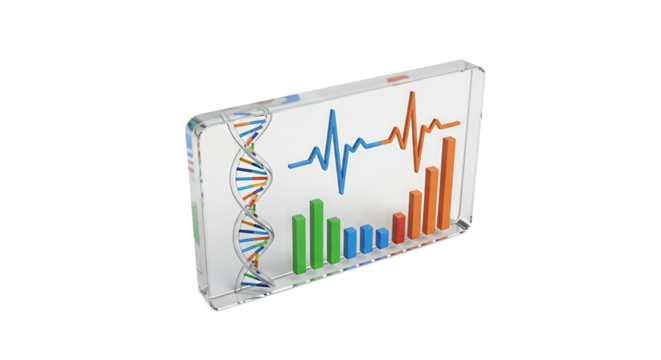 Transparent 3D Render Featuring Colorful DNA Double Helix Bar Graphs and Electrocardiogram Waveform on White Backdrop