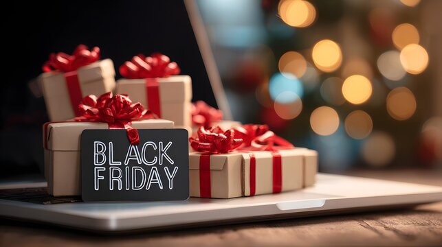 Gifts with red ribbons sit on a laptop against festive lights, hinting at holiday sales and online shopping opportunities for loved ones