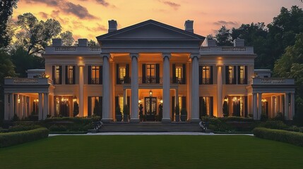 Elegant large mansion with tall columns and warm glowing lights against dramatic golden sunset sky surrounded by trees and neatly trimmed green lawn