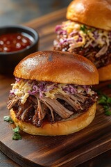 Two pulled pork sandwiches with barbecue sauce and creamy coleslaw on toasted buns served on a wooden board with a side of extra barbecue sauce