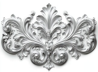 intricate silver ornamental design featuring symmetrical swirling leaves and floral elements with a smooth metallic finish