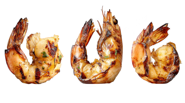 Colorful trio of shrimps, a closeup look at varying sizes and vibrant hues three