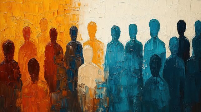 Abstract painting of indistinct human figures divided by warm orange tones on the left and cool blue tones on the right, conveying contrast and unity