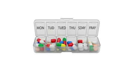 Transparent Pill Box Filled with Colorful Pills on White Background Daily Medication Weekly Medicine Dosage and Pill Organizer
