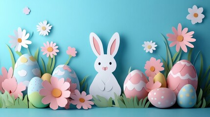 Obraz premium Cutout style scene with a playful bunny surrounded by decorated Easter eggs and pastel pink and white flowers on a blue background