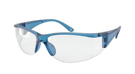 Transparent Safety Glasses with Blue Frame on White Background Eye Protection Gear Workwear Equipment Protective Eyewear for Industrial and Medical Use Protective Safety Wear