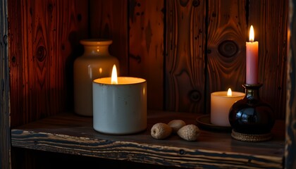 this is an interior scene featuring a collection of candles on a mantle or shelf