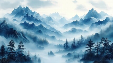 Misty mountainous landscape with layers of dark pine trees and rugged peaks shrouded in fog creating a serene and mysterious atmosphere
