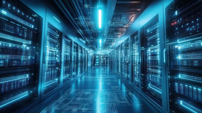Futuristic data center corridor with glowing server racks and digital holographic interface elements in cool blue tones
