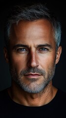 Obraz premium Close-up portrait of a serious middle-aged man with gray hair and beard staring directly at the camera against a dark background