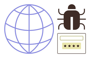 Globe grid representing global network, bug icon hinting at malware, and password input form. Ideal for cybersecurity, hacking, malware, IT security, online threats, global internet simple flat