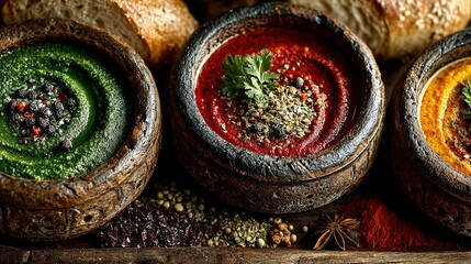 Rustic Trio of Spiced Dips: Vibrant Green, Crimson Red, and Golden Yellow in Earthenware Bowls