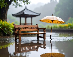 Obraz premium A wooden park bench sits alone in the rain, a yellow umbrella beside it, reflecting in a puddle, with a traditional gazebo in the background.