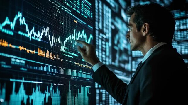 businessman analyzing stock market data on digital screen, financial analyst tracking investment trends, data-driven decision making - Powered by Adobe