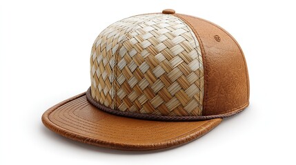 Fototapeta premium Stylish baseball cap with woven bamboo and leather accents, isolated on white background