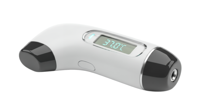 White Digital Thermometer Displaying 37 Degrees Celsius on Transparent Backdrop for Medical and Healthcare Usage in a Studio Setting