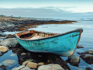 Old blue wooden boat resting on rocky shoreline by calm sea under cloudy sky with distant small houses