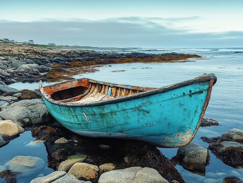 Old blue wooden boat resting on rocky shoreline by calm sea under cloudy sky with distant small houses