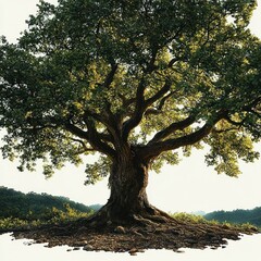 Obraz premium Large mature tree with thick branches and dense green foliage standing on rocky ground with sunlight filtering through leaves and distant forested hills under a clear sky