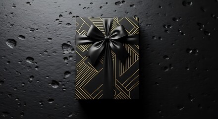 A black gift box with gold geometric pattern and black bow on a dark background