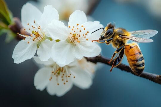 Close-up of a bee hovering near delicate white flowers on a branch with a blurred blue background conveying nature and springtime