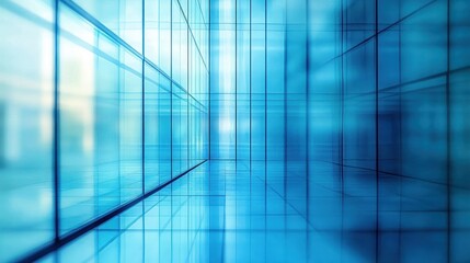 Fototapeta premium Abstract perspective view of a bright blue glass corridor with reflective surfaces and sharp geometric lines creating a modern and spacious atmosphere