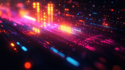 Abstract digital visualization with glowing orange, pink, and blue light streaks and dots on a dark background conveying high-tech data flow and futuristic technology