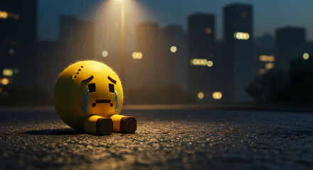 Sad emoji sits alone on a rainy city street at night.