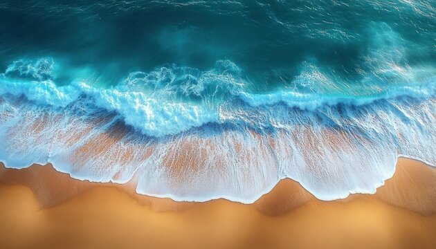 Aerial view of blue ocean waves gently crashing onto golden sandy beach with white seafoam under bright sunlight