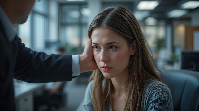 Boss unacceptable behavior subordinate employee. Woman worker suffers from sexual assault and harassment. Prevalence of sexual assault and harassment at workplace. Boss touch female office colleague