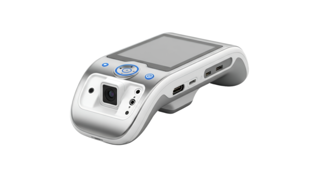 White Modern Handheld Electronic Device with Screen and Camera on White Background in Studio Lighting Innovative Digital Technology Gadget Mockup Close Up