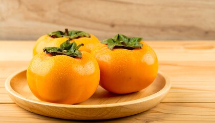 Three persimmons on a wooden plate