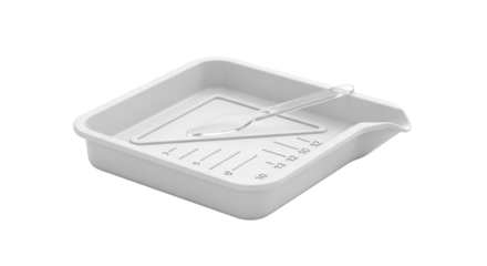 White Paint Tray with Grid Pattern and Paint Whisk on Transparent Background Isolated Still Life Clean Modern Paint Container Art Craft Object for Home Improvement