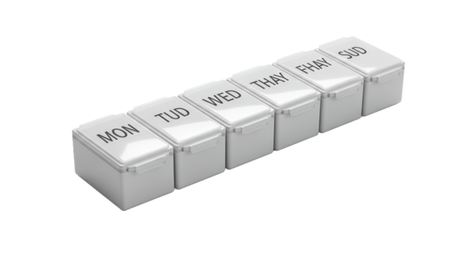 White Pill Organizer Labeled with Days of the Week on Transparent Background for Medication and Supplements Healthcare Pillbox For Daily Doses
