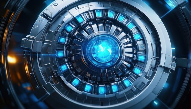 Close-up of a futuristic metallic machine with glowing blue rings and central bright core emitting light and energy in a high-tech environment - Powered by Adobe
