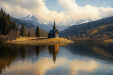 Small wooden chapel with cross on top situated on a grassy peninsula surrounded by calm reflective lake, pine trees, and snow-capped mountains under a cloudy sky