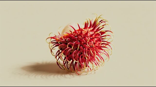 A vibrant rambutan fruit on a soft beige background