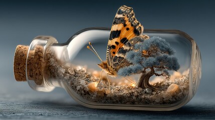 A Fragile World Contained: Butterfly Rests by a Blue Bonsai in a Bottle