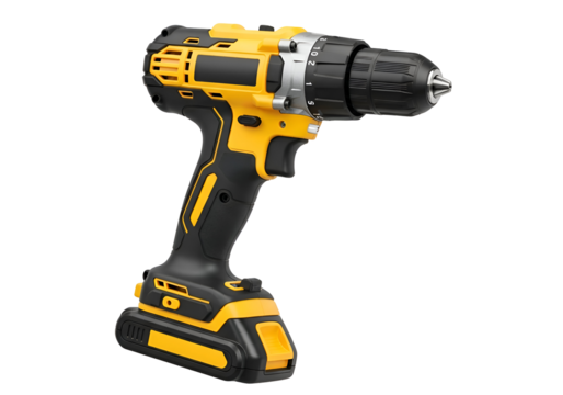 Yellow and black cordless drill with a removable battery.