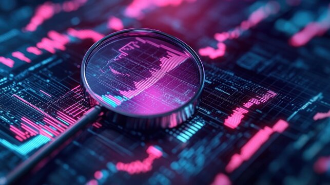 Magnifying glass highlighting colorful financial or data charts on a digital screen with vibrant blue and pink light effects, symbolizing analysis and investigation